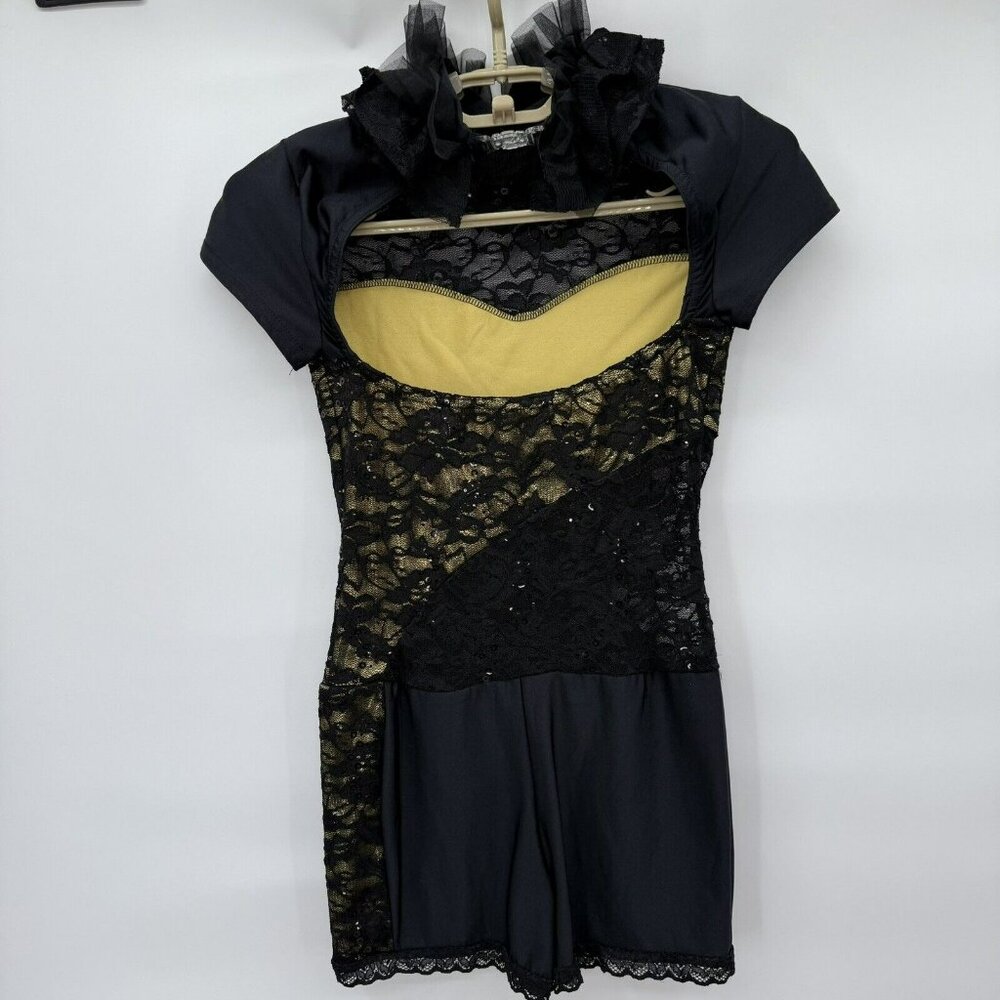 Dance Costume Black Gold Sequins Jazz Child Large Open Back “Bionic” - Picture 2 of 10